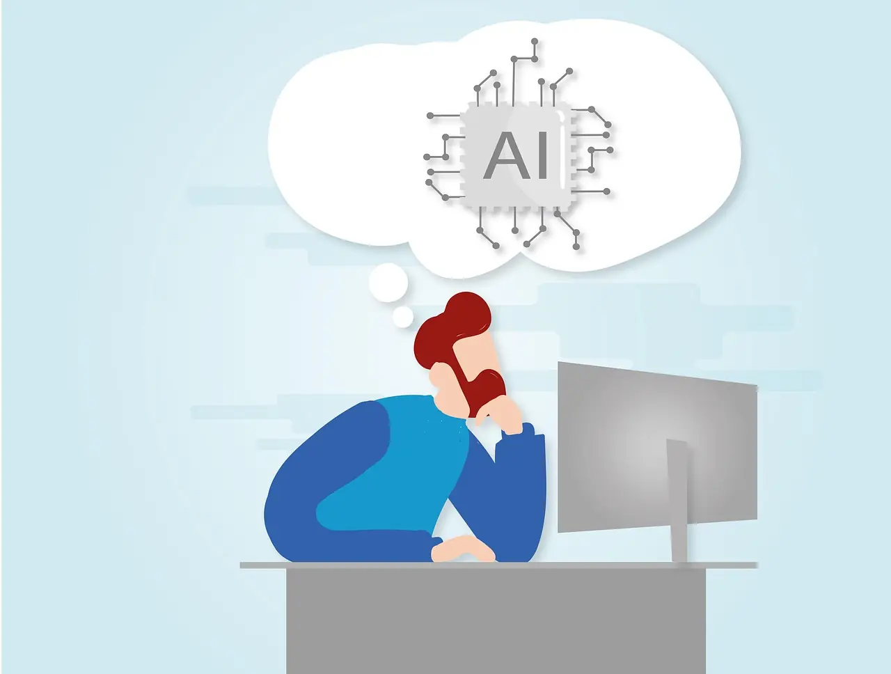 Illustration of a person at a computer thinking about artificial intelligence