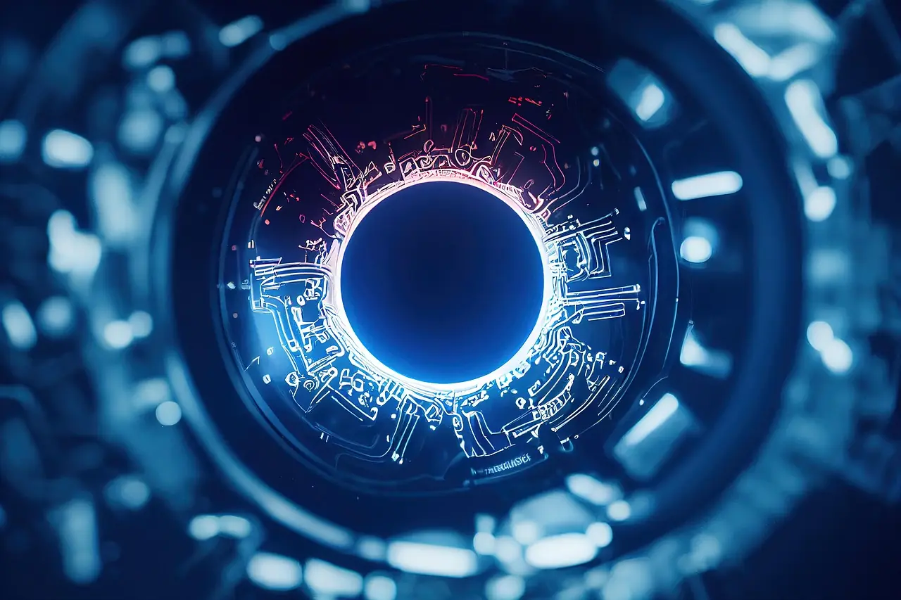 Abstract blue digital eye made of circuit lines, representing artificial intelligence