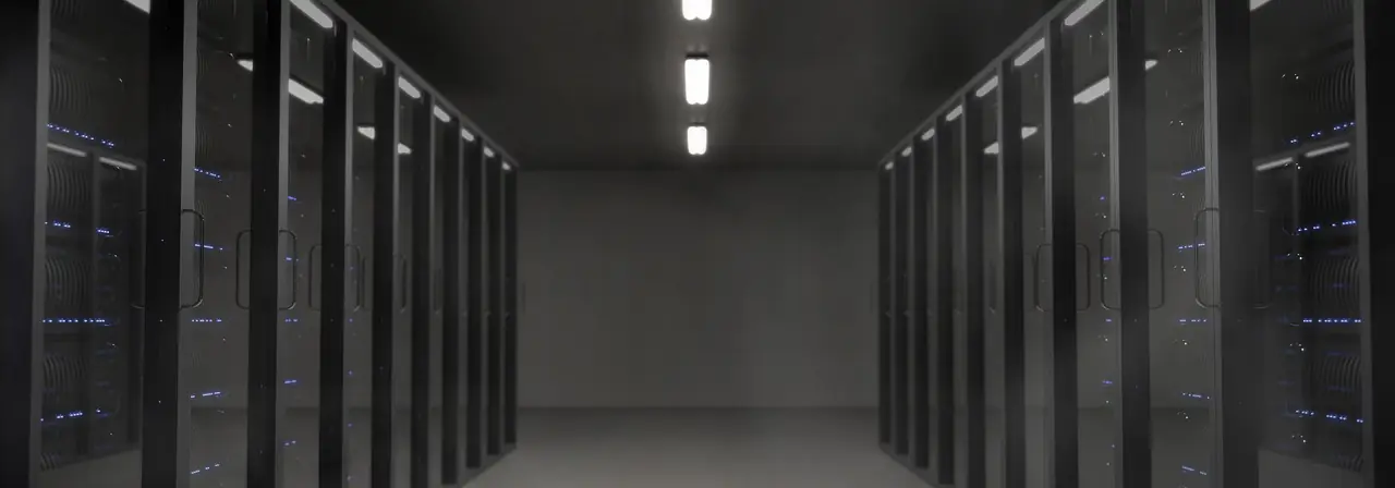 Rows of server racks in a data center